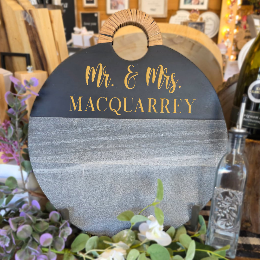 Mr & Mrs | Family Name Personalized Wood & Marble Cutting Board  - 42210084R