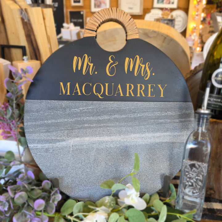 Mr & Mrs | Family Name Personalized Wood & Marble Cutting Board  - 42210084R