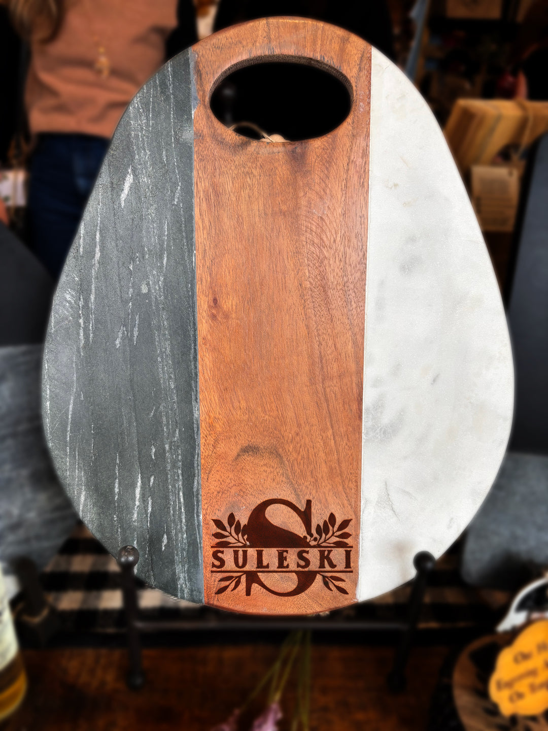 Scroll Initial | Personalized Tri Color Wood & Marble Cutting Board - AH2689