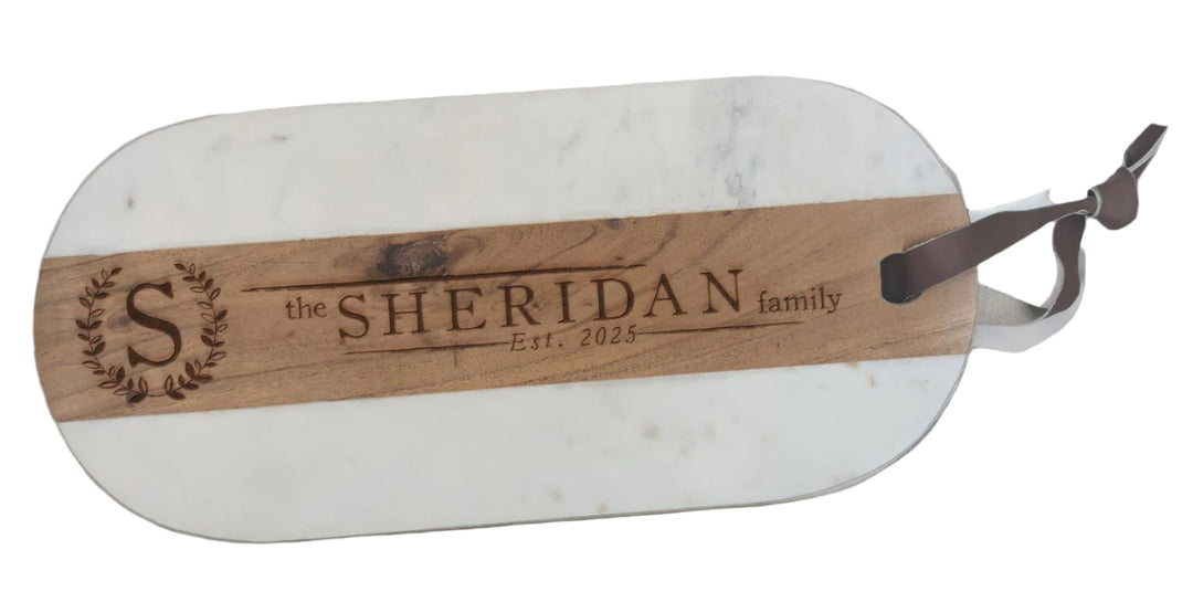 Woodcut Illuminated Initial | Landscape Personalized Split Mango Wood & Marble Cutting Board with Brass Feet - DF2367