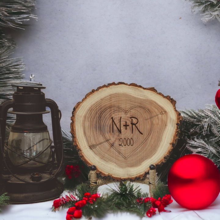 Natural Wood Log Piece Engraved with Carved Initials