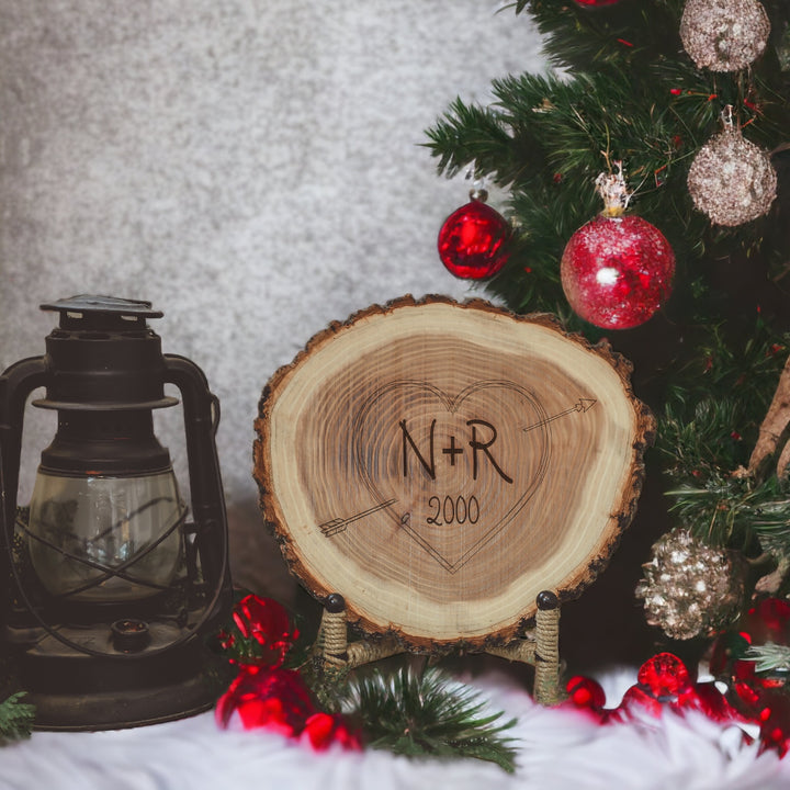 Natural Wood Log Piece Engraved with Carved Initials