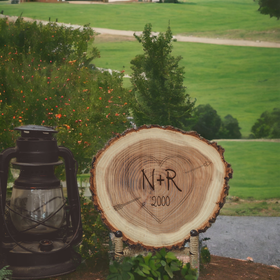 Natural Wood Log Piece Engraved with Carved Initials