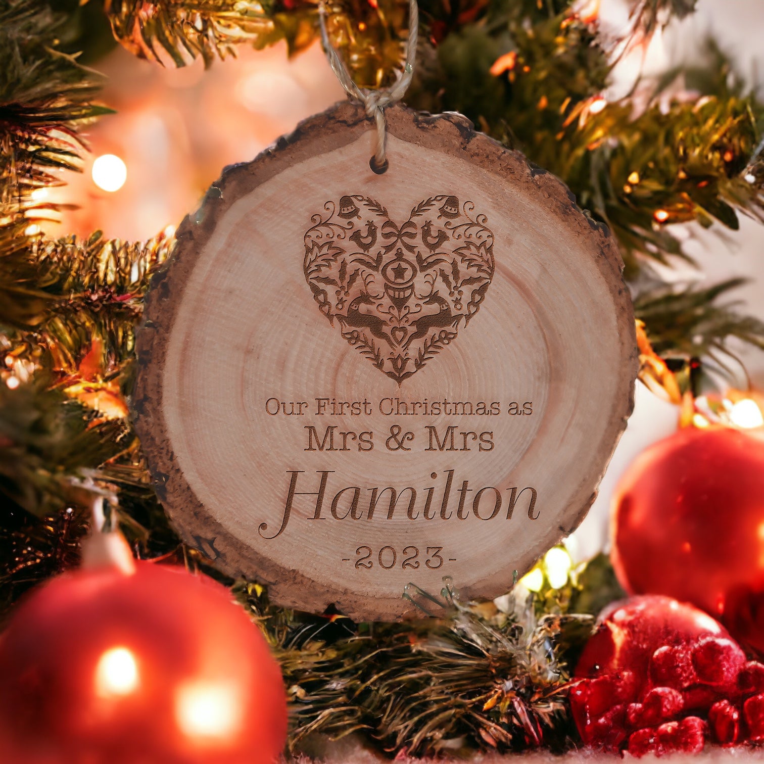 Our First Christmas as Mr. \u0026 Mrs. With Heart Engraved Wood Ornament –  Etched In Time Engraving, image size:1512x1512