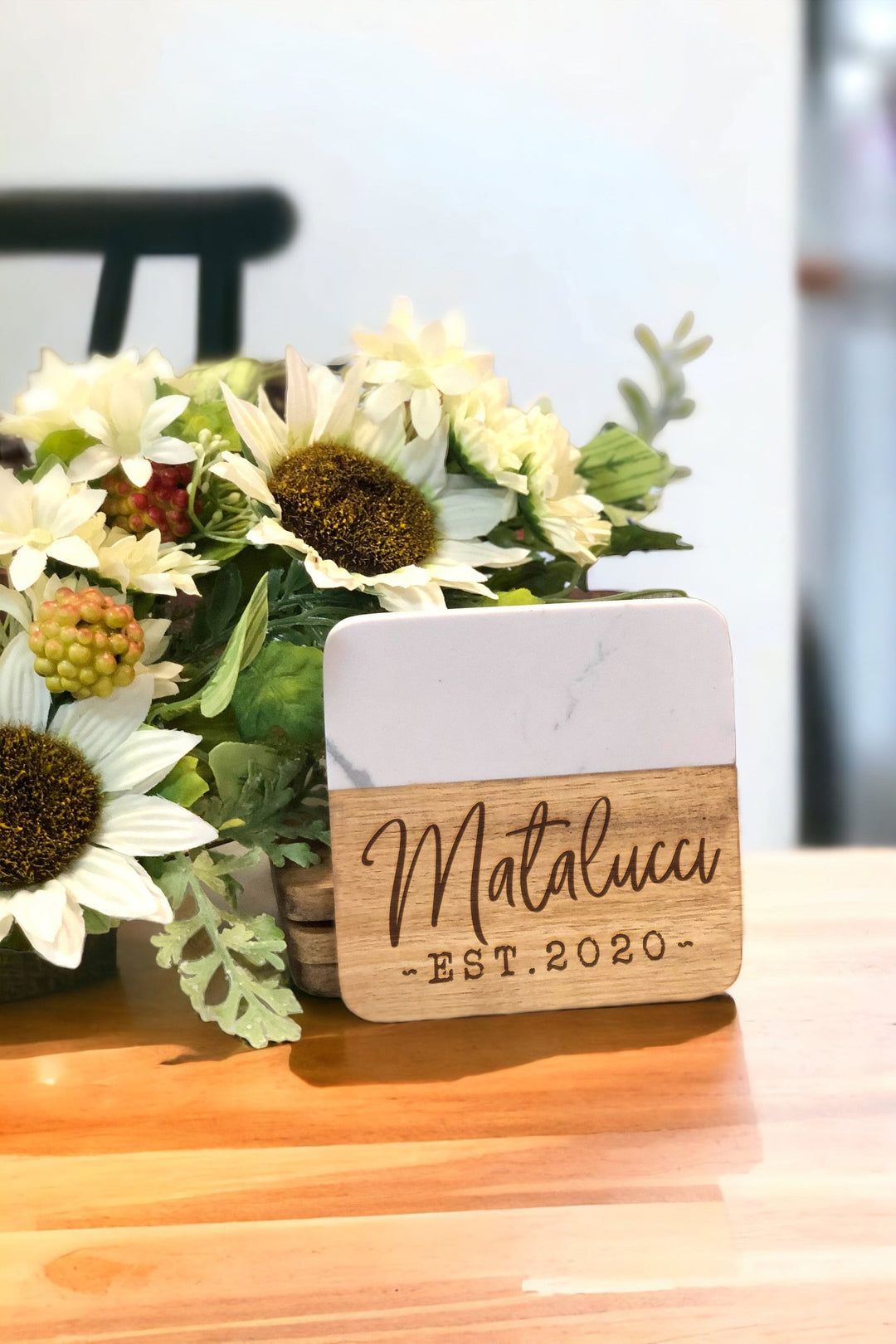 Decorative Script | Last Name & Special Date Personalized Marble and Wood Coasters - ZCOS0044