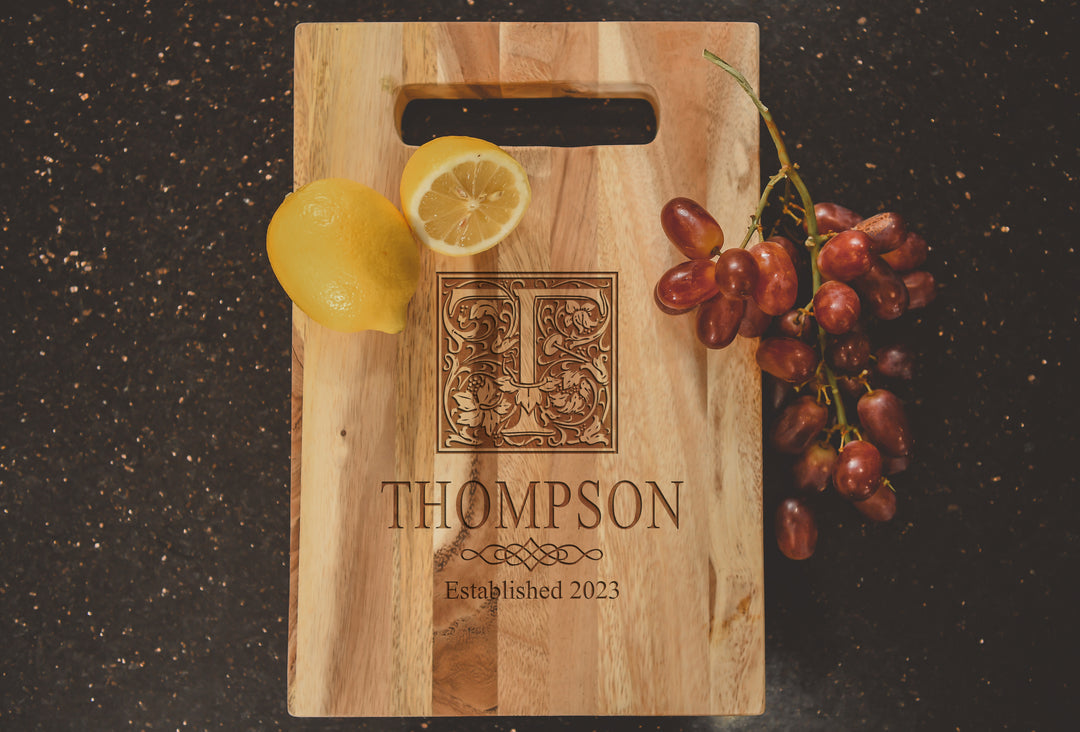 Woodcut Illuminated Initial | Lastname & Est. Year Personalized Acacia Cutting Board  - ZNHC0065