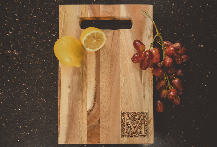 Woodcut Illuminated Initial | Lastname & Est. Year Personalized Acacia Cutting Board  - ZNHC0065