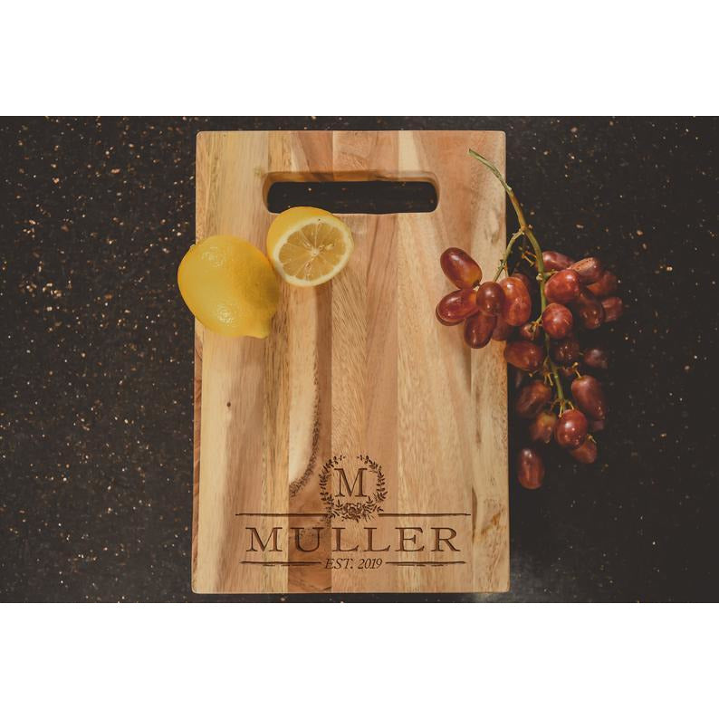 Engraved Acacia Cutting Board with Last Name, Single Initial, and Established Year - ZNHC0065