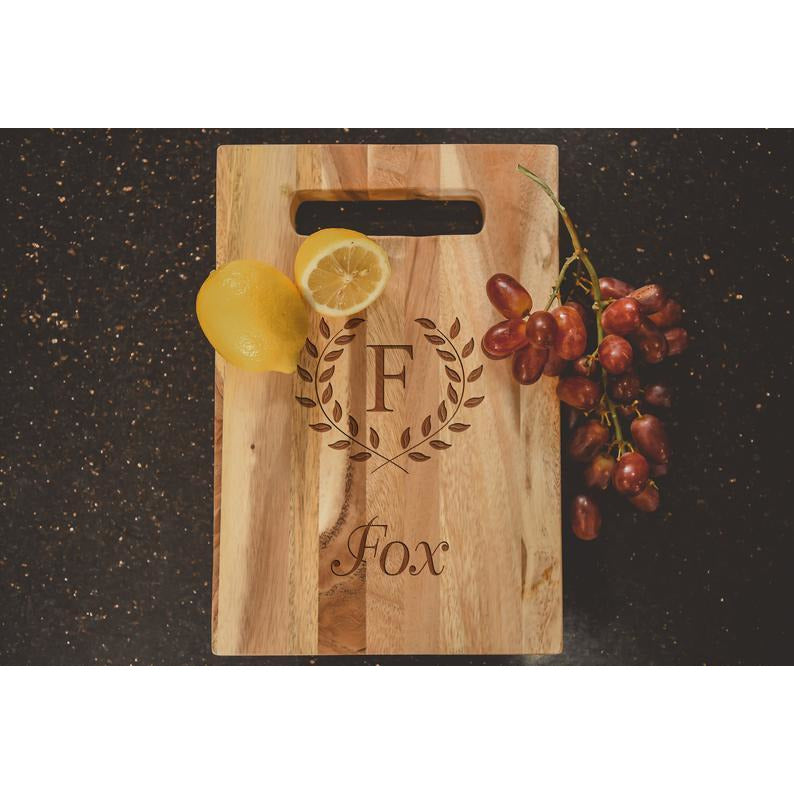 Engraved Acacia Cutting Board with Wreath Last Initial and Last Name - ZNHC0065