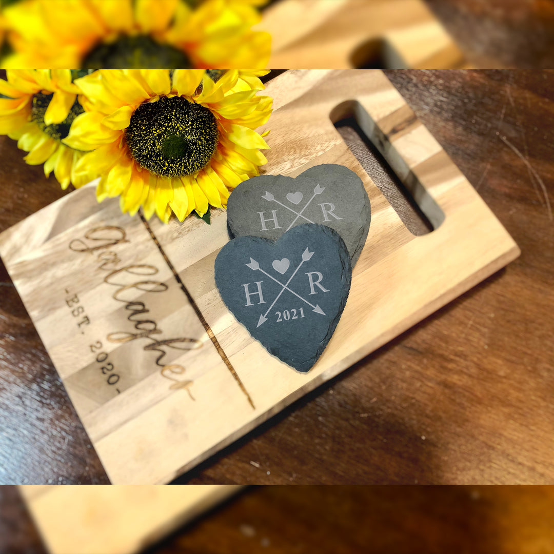 Slate Heart Shaped Coasters with Initials and Year Established - DF1914