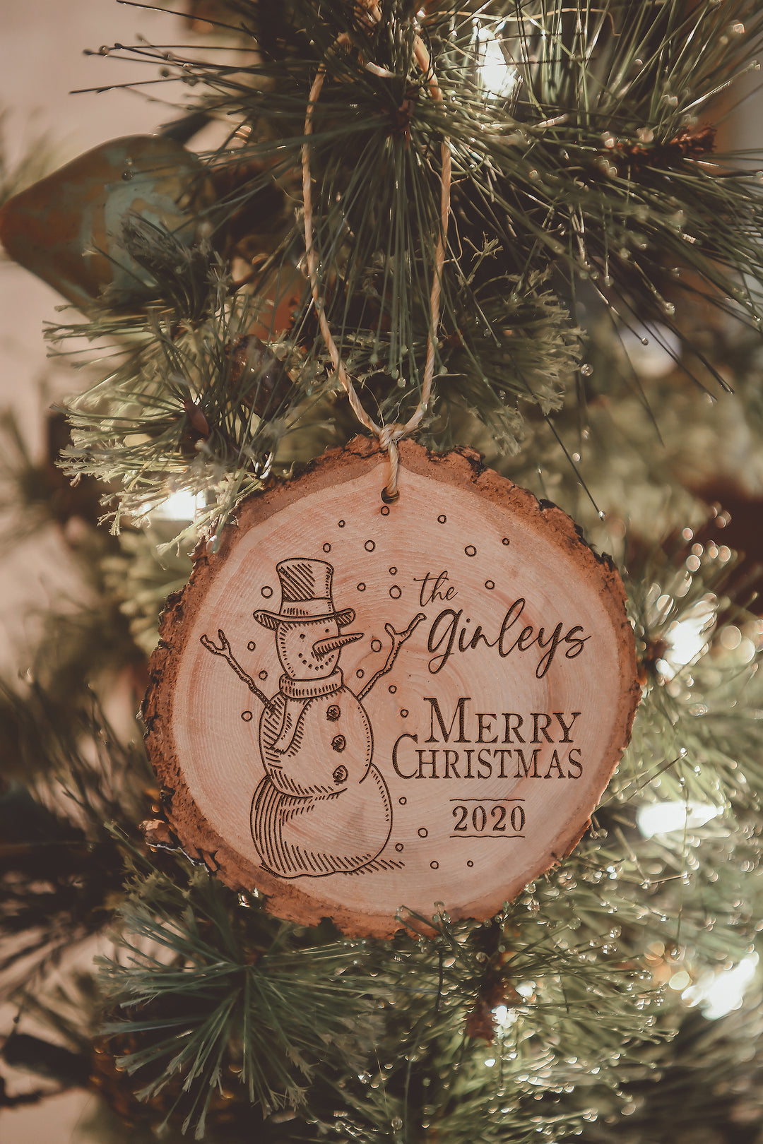Personalized Merry Christmas Snowman with Year Engraved Wood Ornament