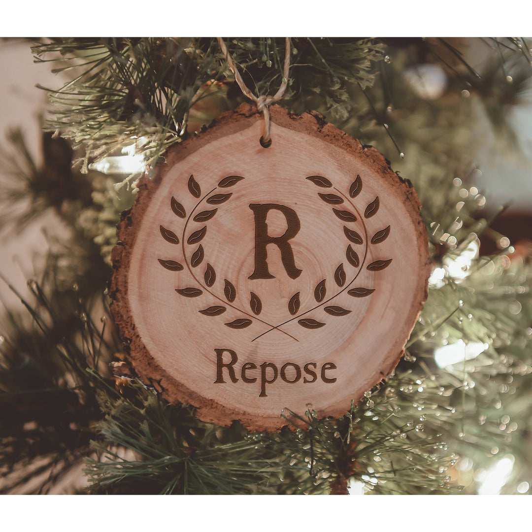 Personalized Last Name with Initial Wreath Wood Ornament