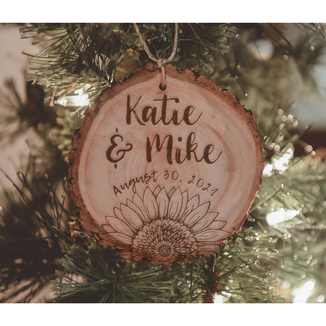 Personalized Sunflower First Two Names Wood Ornament