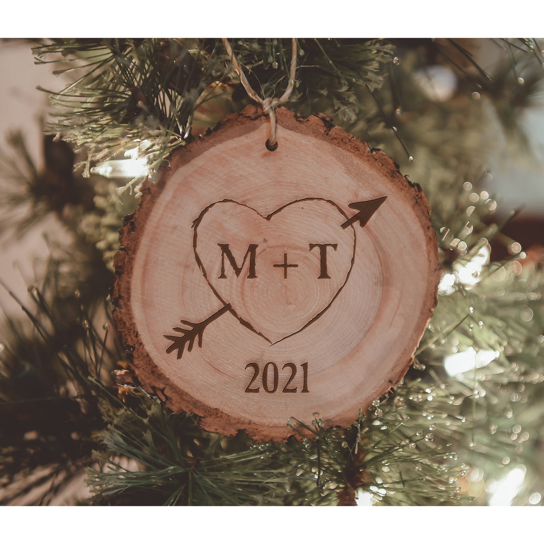 Personalized Carved Initials Lovers Heart Wood Ornament