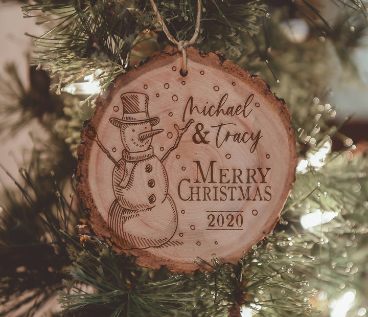 Personalized Merry Christmas Snowman with Year Engraved Wood Ornament