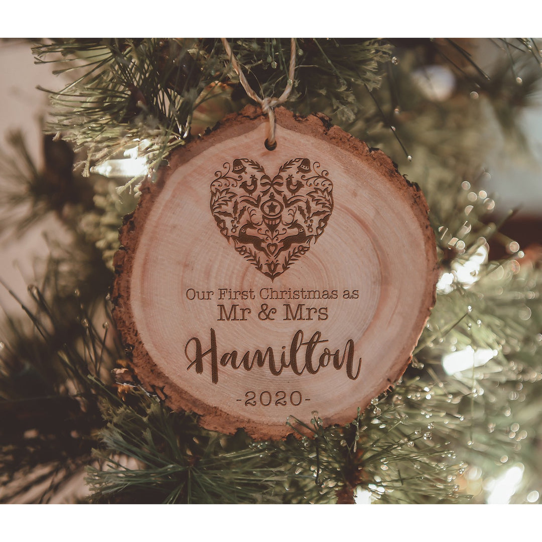 Personalized First Christmas as Mr. & Mrs. Engraved Wood Ornament