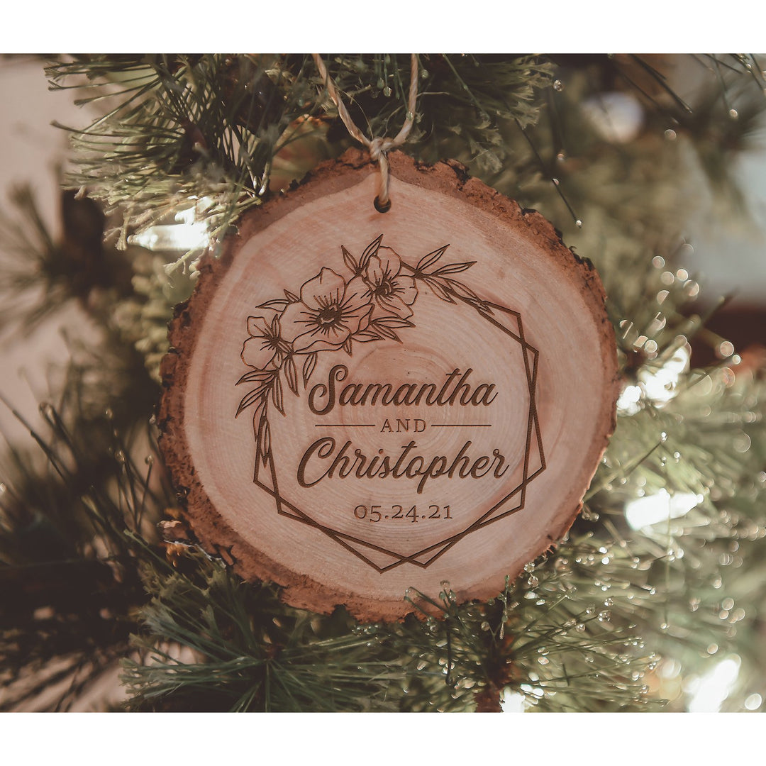 Personalized Floral Geometric Couple Wood Ornament