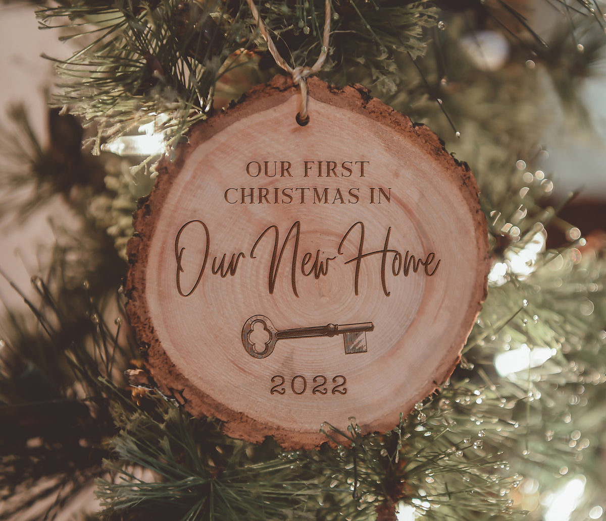 First Christmas in our New Home Christmas Ornament - Engraved Wood -  Smiling Tree