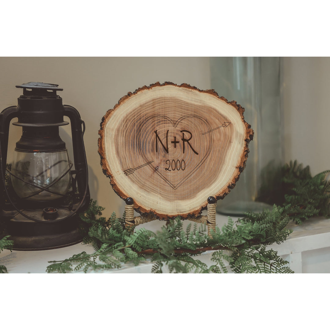 Natural Wood Log Piece Engraved with Carved Initials