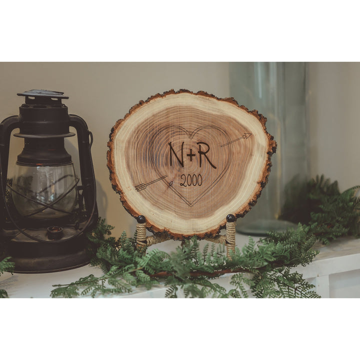 Natural Wood Log Piece Engraved with Carved Initials