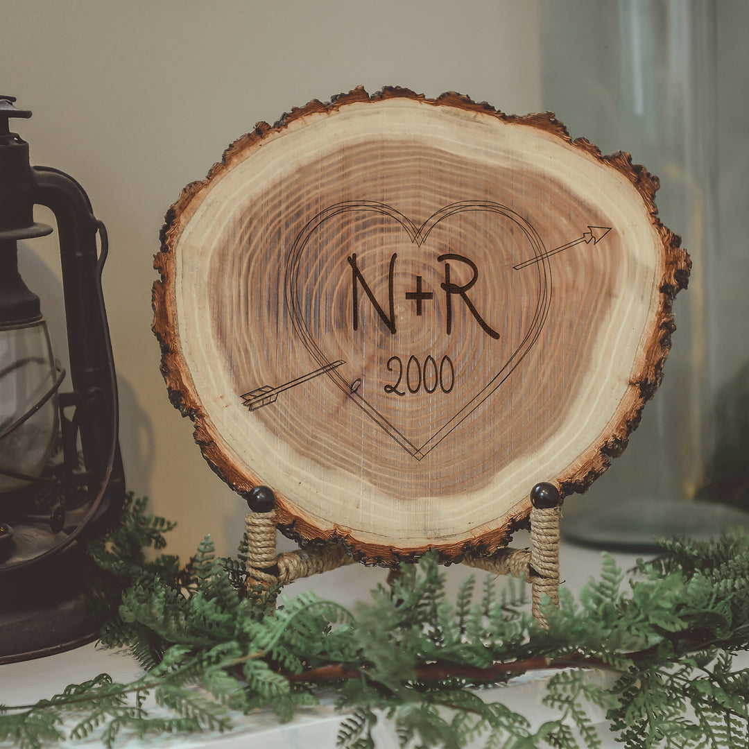 Natural Wood Log Piece Engraved with Carved Initials