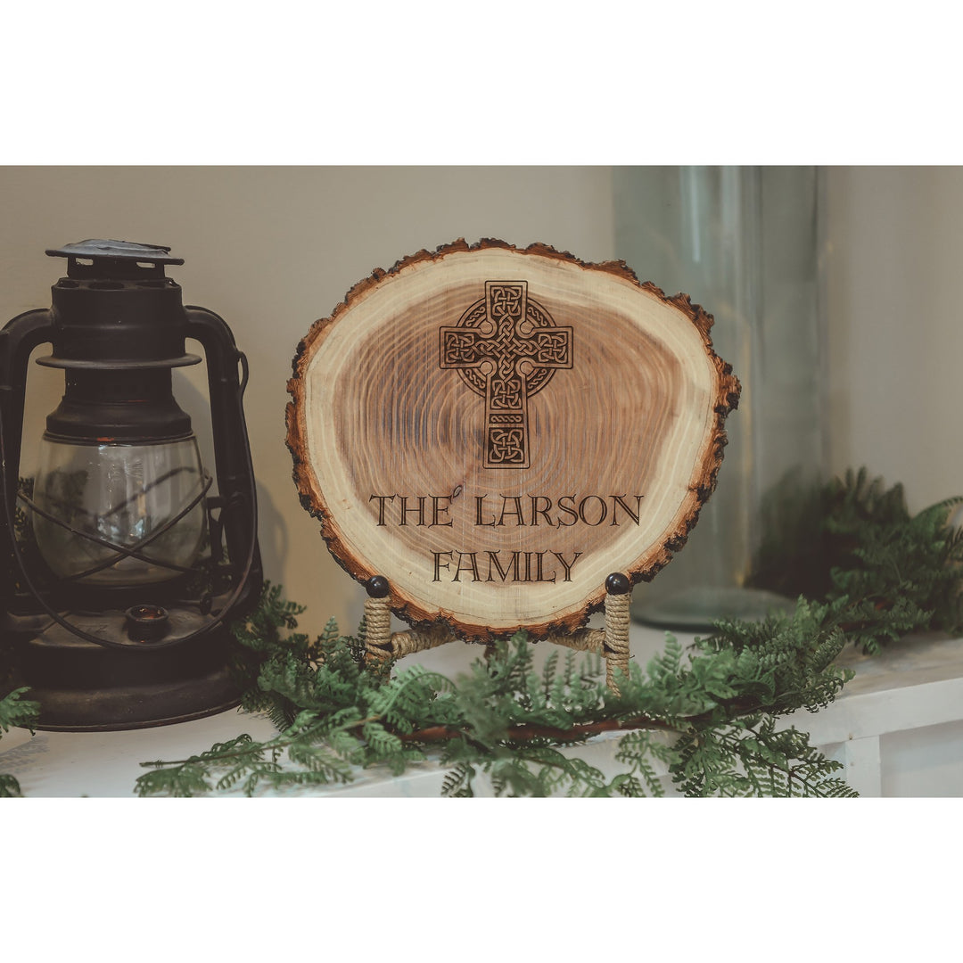 Celtic Natural Wood Log Piece Engraved with Family Name and Cross