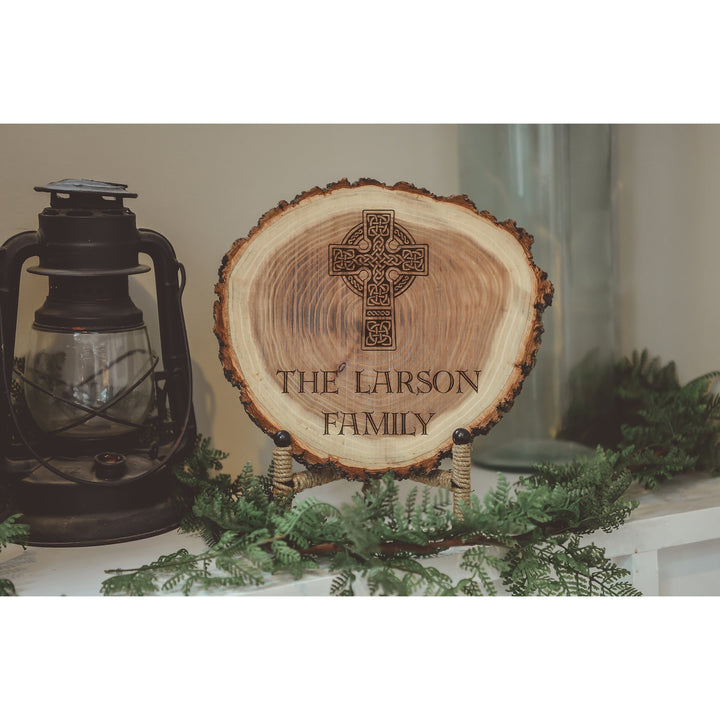 Celtic Natural Wood Log Piece Engraved with Family Name and Cross