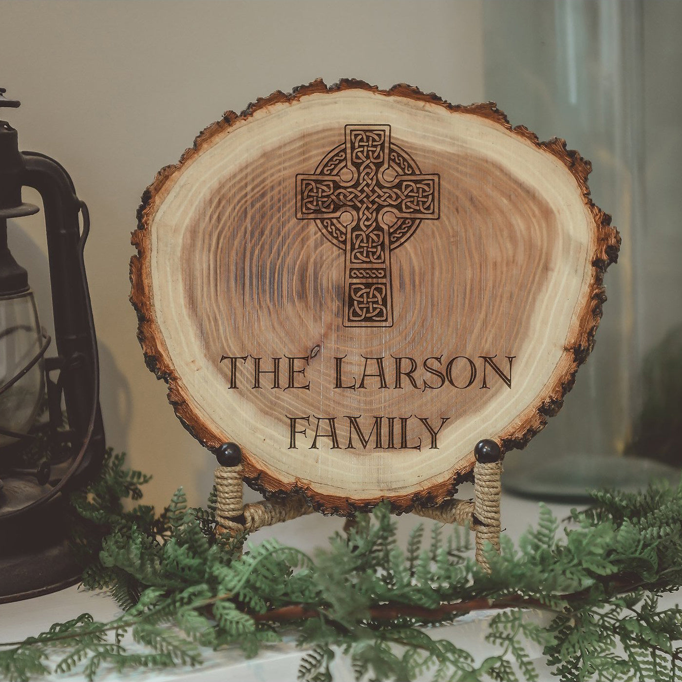 Celtic Natural Wood Log Piece Engraved with Family Name and Cross