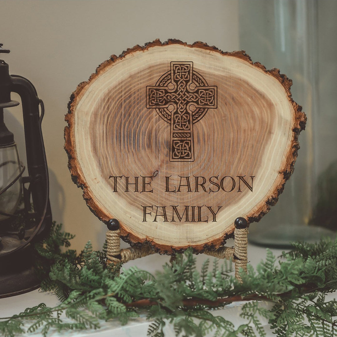 Celtic Natural Wood Log Piece Engraved with Family Name and Cross