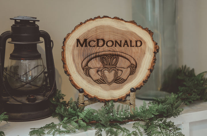 Celtic Natural Wood Log Piece Engraved with Last Name and Claddagh