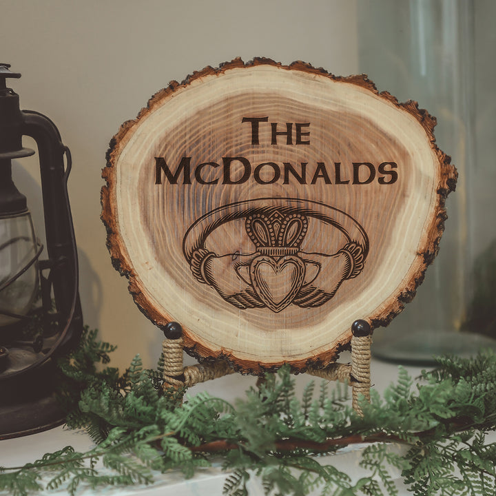Celtic Natural Wood Log Piece Engraved with Last Name and Claddagh