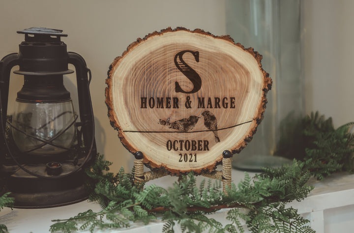 Natural Wood Log Piece Personalized with Love Birds