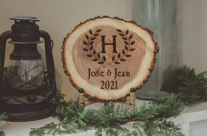 Natural Wood Log Piece Engraved with Last Initial Wreath and First Names