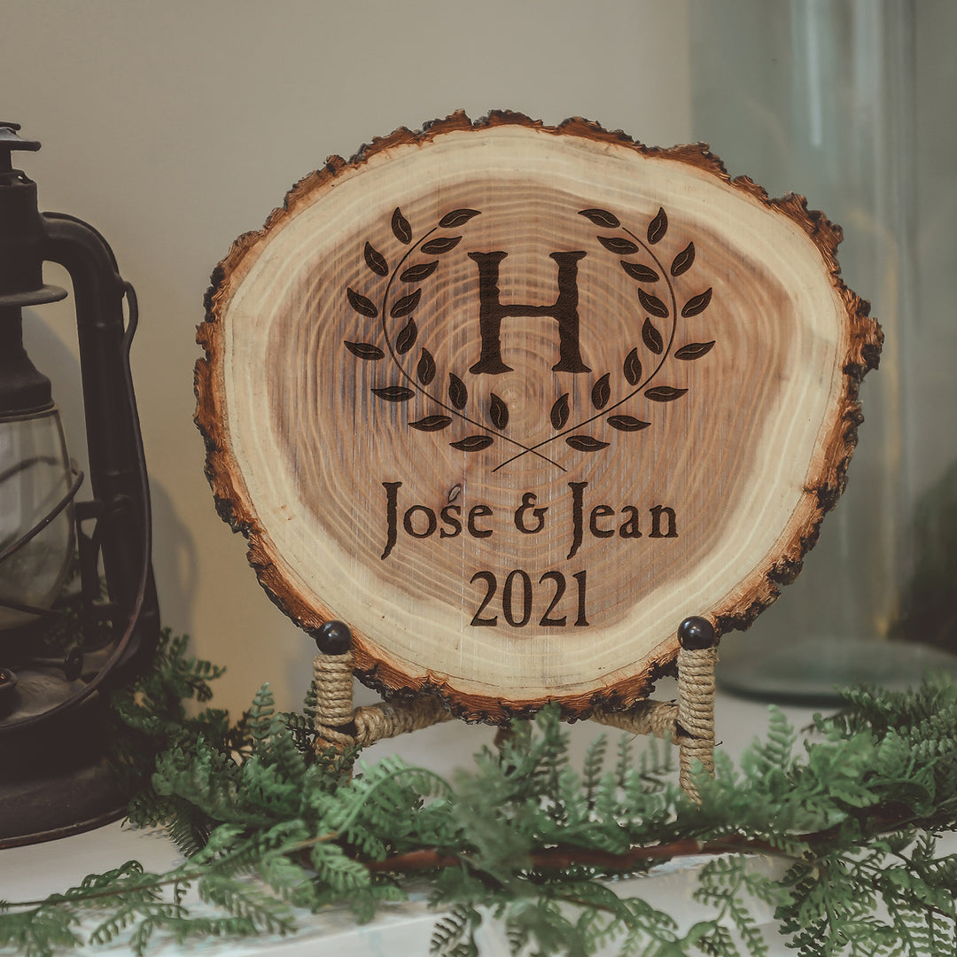 Natural Wood Log Piece Engraved with Last Initial Wreath and First Names