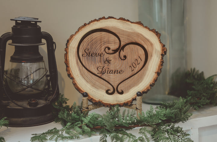 Natural Wood Log Piece Engraved with Ornate Heart