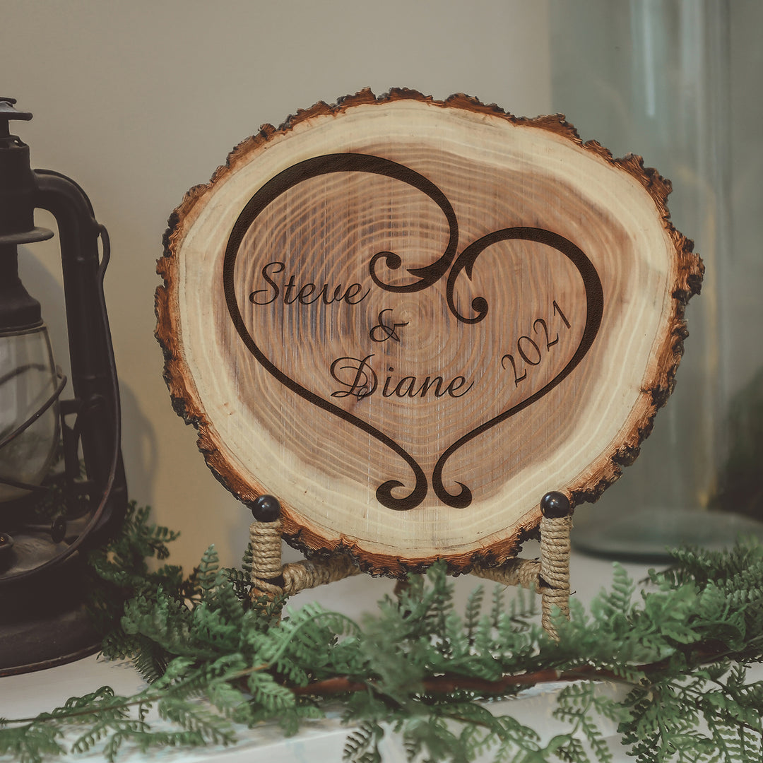 Natural Wood Log Piece Engraved with Ornate Heart