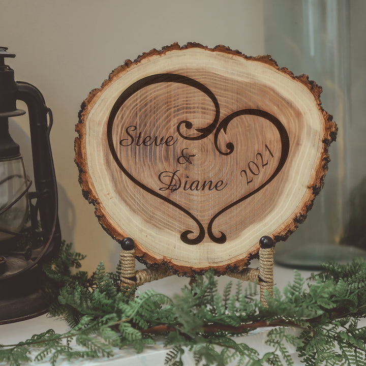 Natural Wood Log Piece Engraved with Ornate Heart