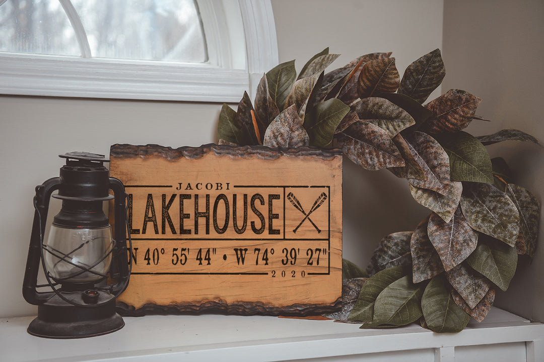 Rustic Personalized Lake House Sign with Last Name and Coordinates - ZRLE0067