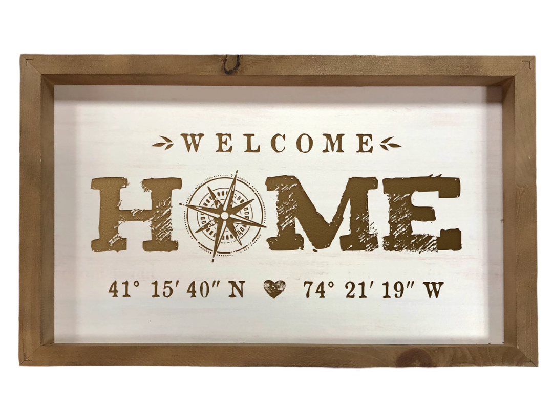 Personalized White Wood Frame Welcome Home Compass Sign - ZVFR0173