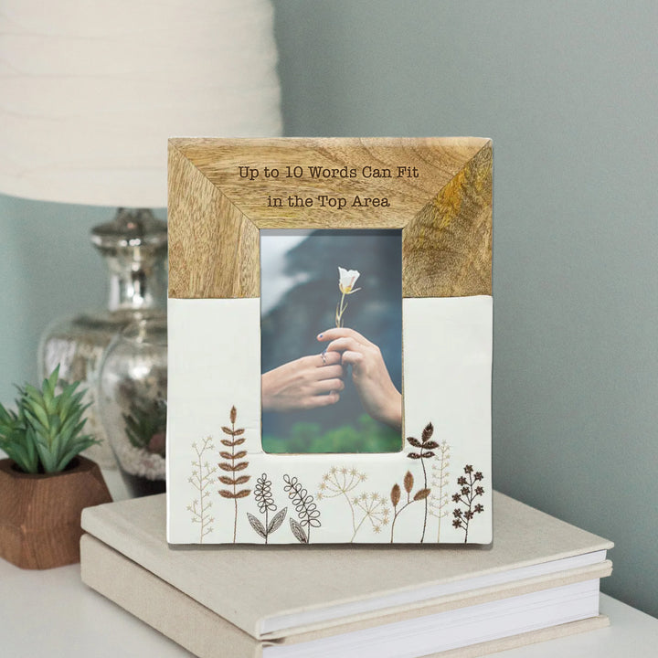Personalized Engraved Mango Wood &amp; Embroidered Linen 4x6 Photo Frame - FFRD11846