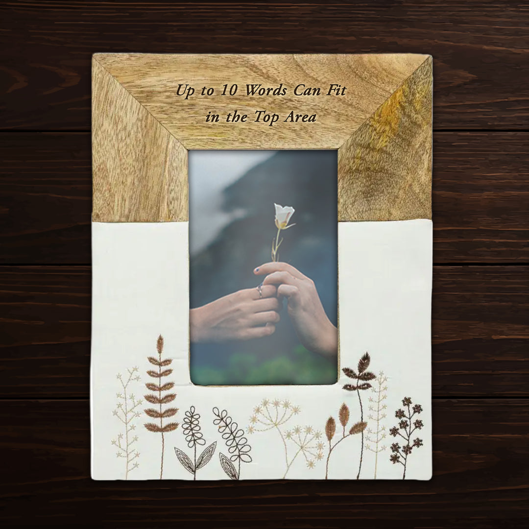 Personalized Engraved Mango Wood &amp; Embroidered Linen 4x6 Photo Frame - FFRD11846