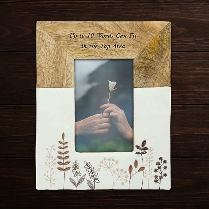 Personalized Engraved Mango Wood &amp; Embroidered Linen 4x6 Photo Frame - FFRD11846