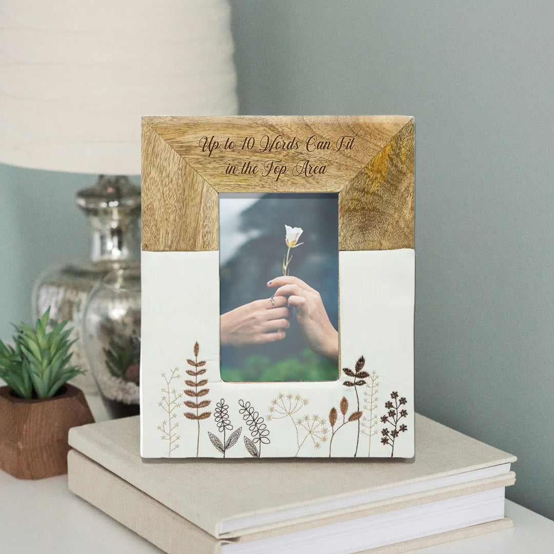 Personalized Engraved Mango Wood &amp; Embroidered Linen 4x6 Photo Frame - FFRD11846
