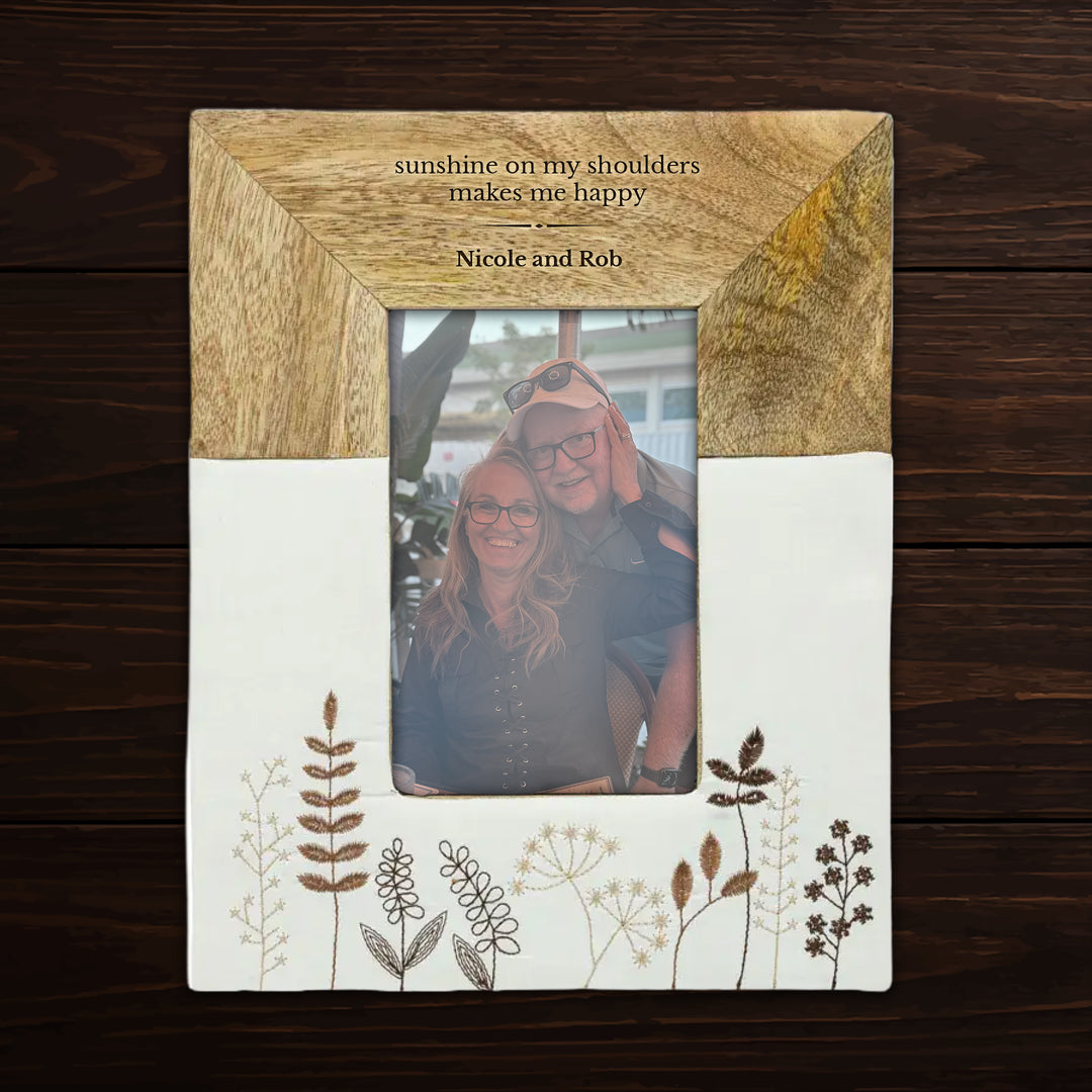 Personalized Engraved Mango Wood &amp; Embroidered Linen 4x6 Photo Frame - FFRD11846
