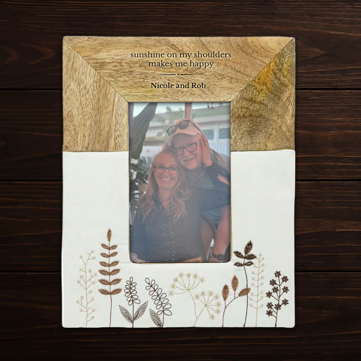 Personalized Engraved Mango Wood &amp; Embroidered Linen 4x6 Photo Frame - FFRD11846