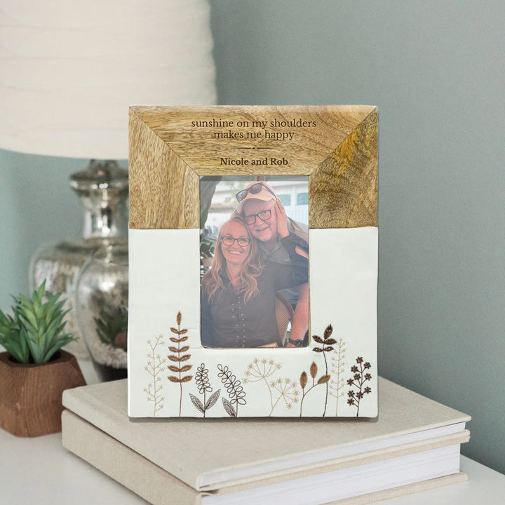 Personalized Engraved Mango Wood &amp; Embroidered Linen 4x6 Photo Frame - FFRD11846