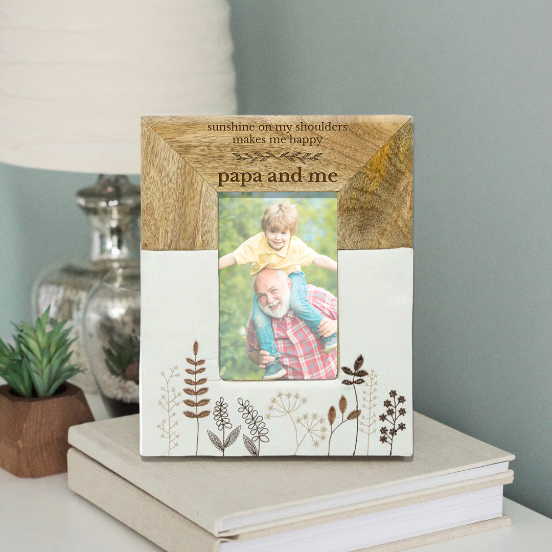 Personalized Engraved Mango Wood &amp; Embroidered Linen 4x6 Photo Frame - FFRD11846