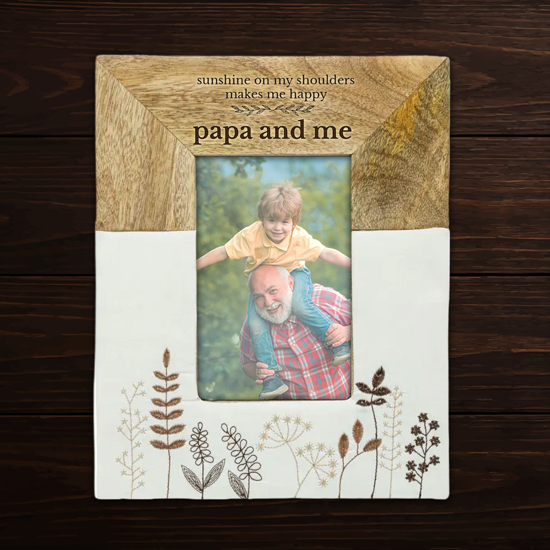 Personalized Engraved Mango Wood &amp; Embroidered Linen 4x6 Photo Frame - FFRD11846