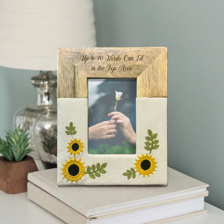 Personalized Engraved Mango Wood &amp; Embroidered Linen 4x6 Photo Frame - FFRD12063
