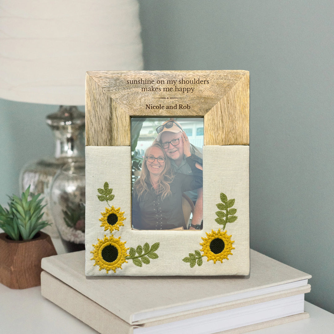 Personalized Engraved Mango Wood &amp; Embroidered Linen 4x6 Photo Frame - FFRD12063